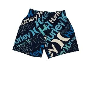 Hurley Toddler Boys Swim Trunks 4T Blue Teal Allover Logo Print, Elastic Waist